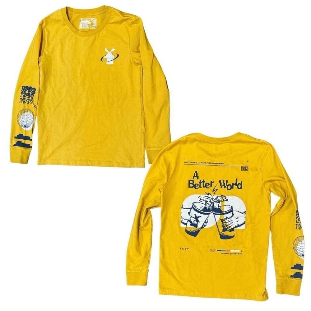 Dutch Bros Shirt Women’s Small 1992 A Better World Graphic Long Sleeve Yellow